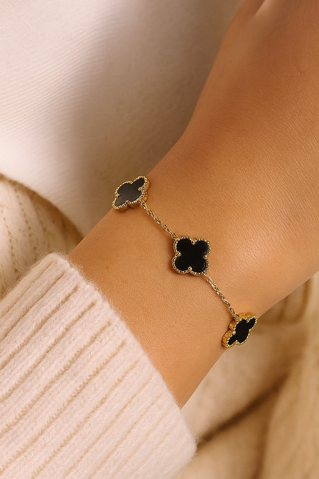 Velamira Clover Charm Bracelet  Black Enamel with Gold Finish
