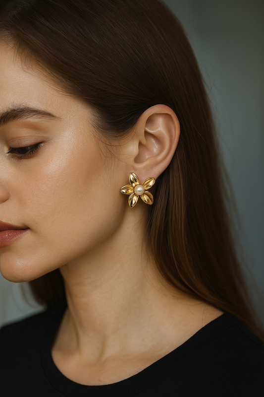 Floral Stud Earrings with Pearl Center