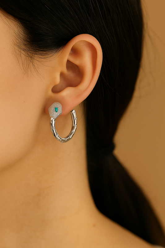 Silver-Plated Snake Hoop Earrings with Emerald Green Eyes