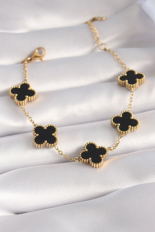 Velamira Clover Charm Bracelet  Black Enamel with Gold Finish