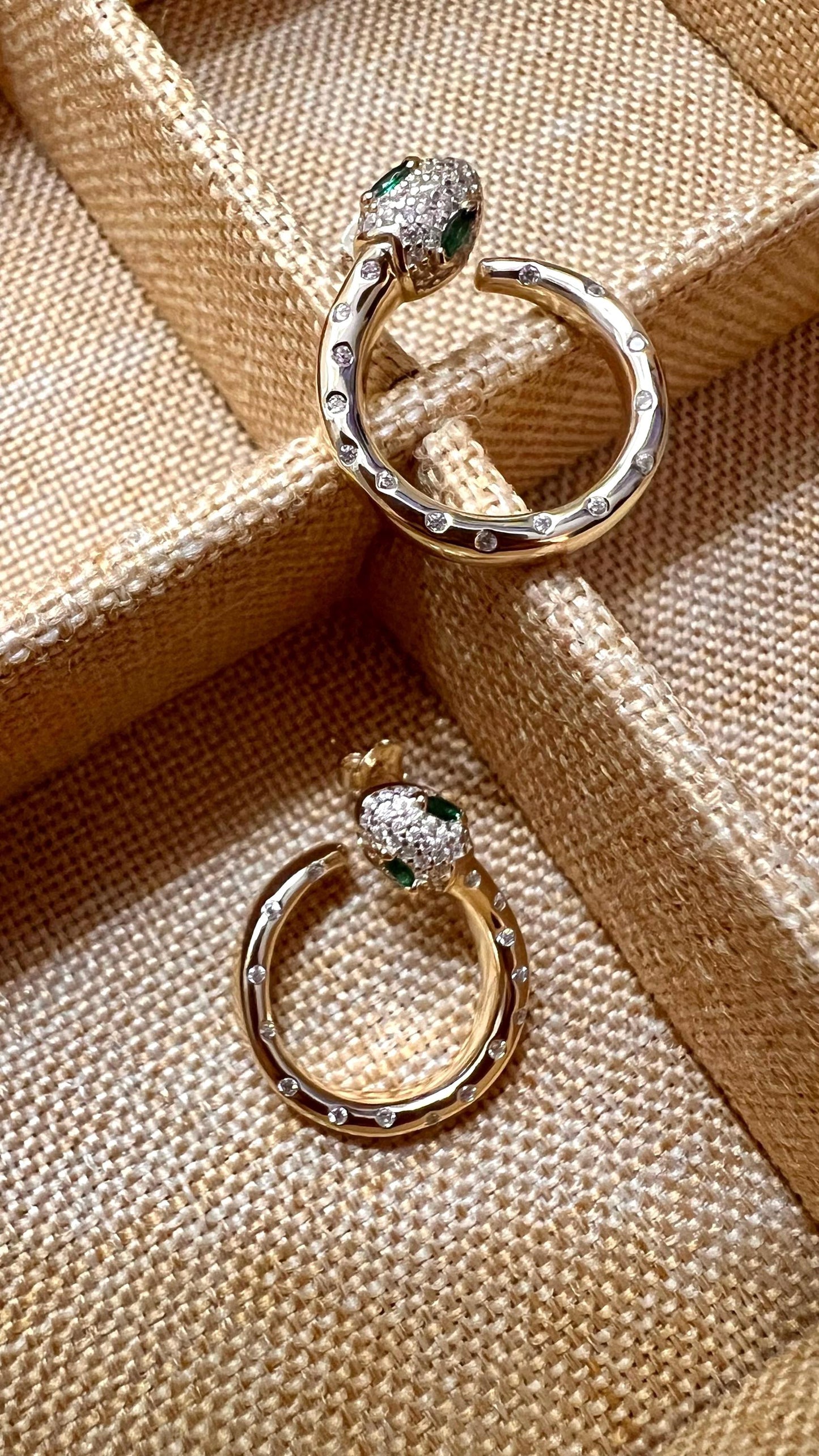 Silver-Plated Snake Hoop Earrings with Emerald Green Eyes